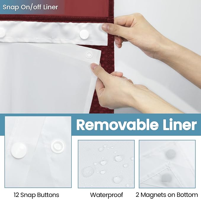 Burgundy No Hook Shower Curtain with Snap in Liner,230GSM Waffle Weave Shower Curtains for Bathroom,71W x 74H