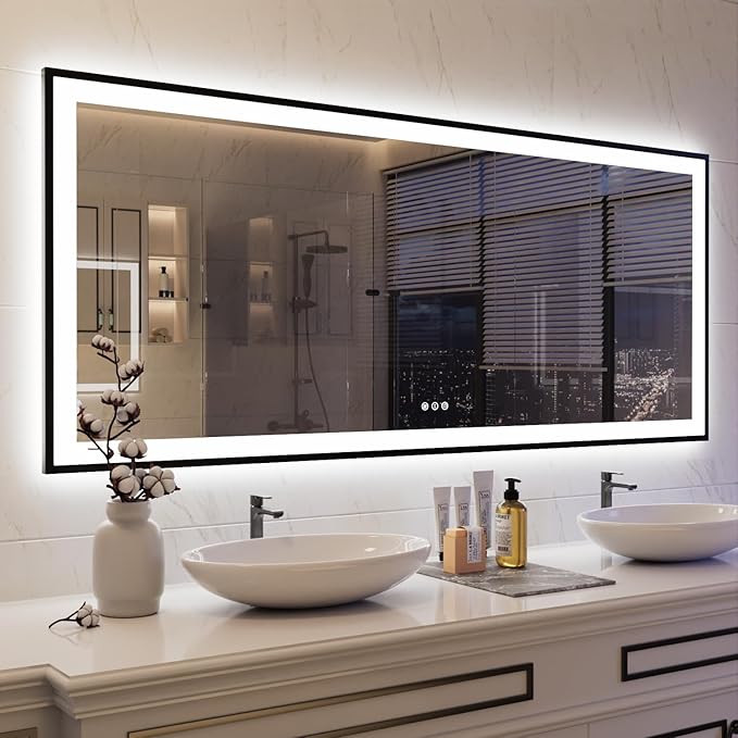 ISKM Framed LED Mirror for Bathroom 72"x32", Dimmable LED Bathroom Mirror with Lights, Anti-Fog, Front and Backlit Lighted Mirror 3-Colors, Shatterproof, Memory Function