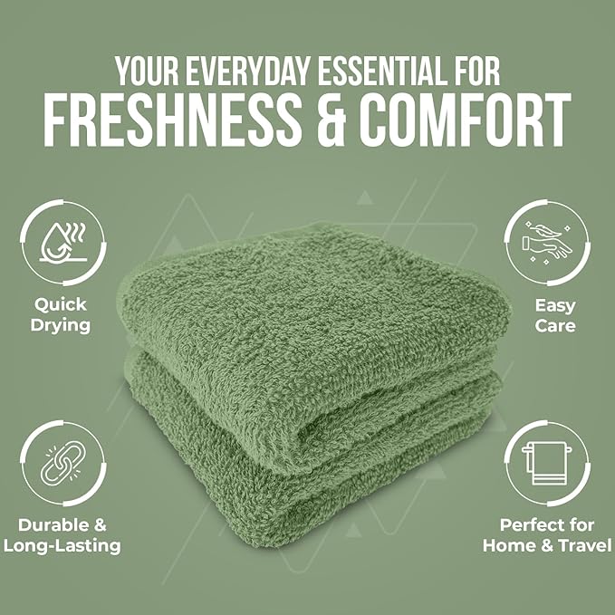 DAN RIVER 24 Pack Wash Cloths for Showering [12x12] - 100% Cotton Washcloths Premium Quality Flannel Face Cloths for Bathroom, Highly Absorbent and Soft Feel Wash Clothes, Sage Green