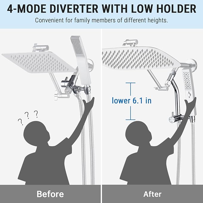 G-Promise All Metal 16 Inch Shower Head with Massage Mode Handheld, Rain Shower Head with Handheld Spray Combo, 3-Way Diverter with Pause Setting, 12 Inch Adjustable Extension Arm (Chrome)