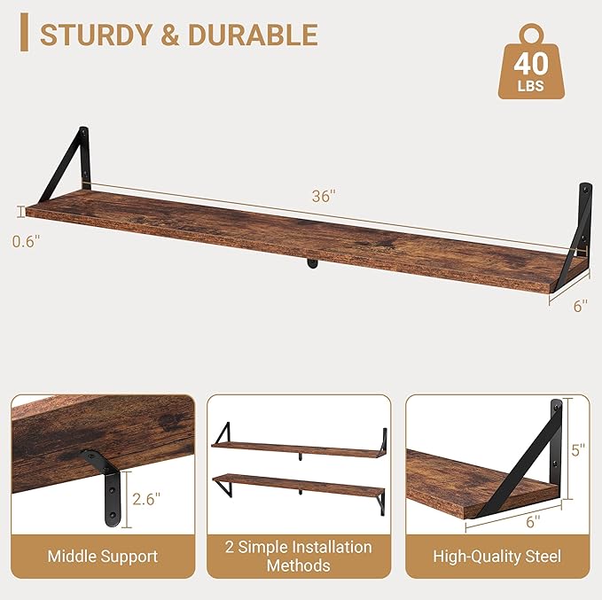 Heimlove Floating Shelves for Wall, 36 Inch Long Wood Floating Bookshelf Set of 3, Wall Mounted Hanging Shelf for Bathroom Bedroom Kitchen, Rustic Brown