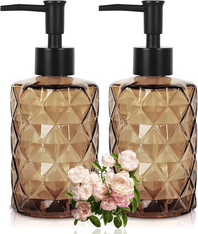 Dark Brown Glass Soap Dispenser with Pump, 12oz Diamond Design Hand Soap Dispenser, Refillable Lotion Dispenser & Dish Dispenser, Bathroom Dispenser for Dishwashing Liquid, Shower Gel
