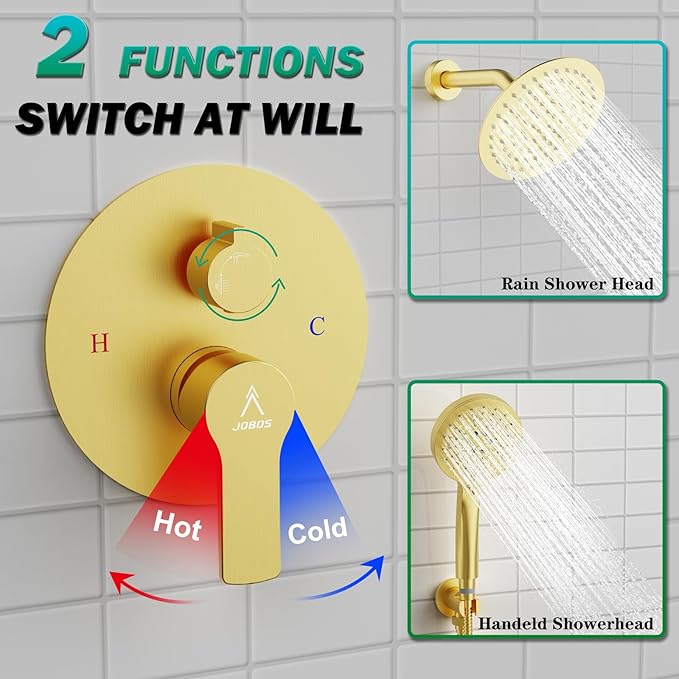 Shower Faucet Set Brass 8IN Rough-In Valve Body Trim Kit Rainfall Included Handle Accessories Complete 2 Functions with Rain Head and Handheld Bathroom Systems (8‘’, Brushed Gold)