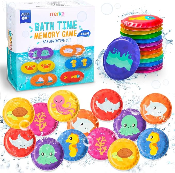 merka Bath Toys Flash Cards - 30-Pack, 2.25-Inch EVA Foam, Multicolor - Baby Bath Toys & Memory Matching Game & Bathtub Flash Cards