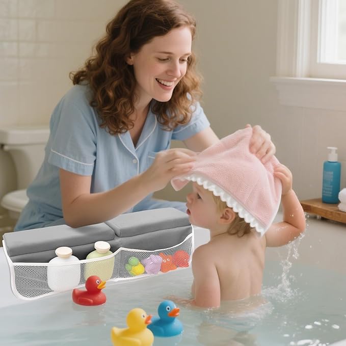 Roslim Bath Kneeler and Elbow Rest Pad Set - Quick Dry Soft Bath Mat Bundle - Non-Slip Durable Foam Kneeling Pads for Bathing, Tub Arm Rest with Toy Storage Pockets - Machine Washable, Grey