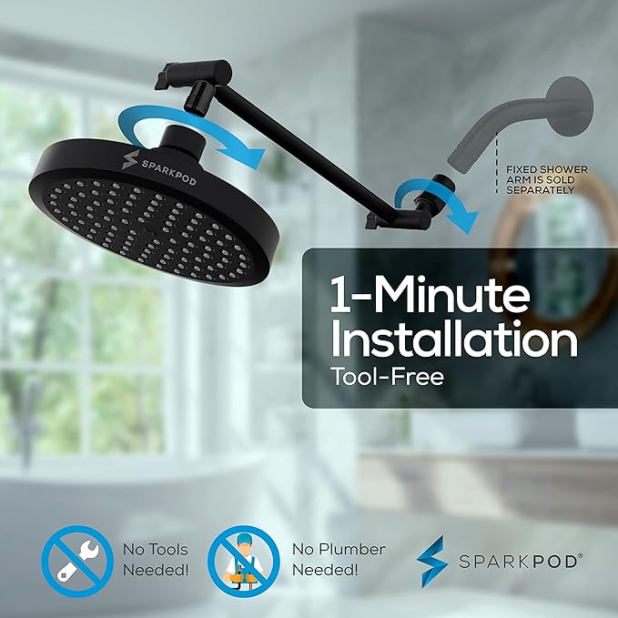 SparkPod Round Rain Shower Head with Extension Arm - Height Adjustable Shower Head with High Pressure Performance - Easy 1-Minute Installation (11" Arm Extension, Midnight Black Matte)