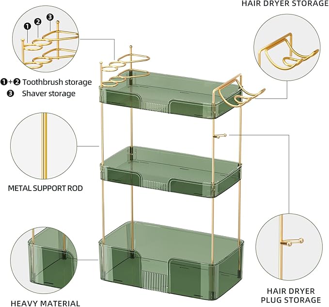 3 Tier Glam Bathroom Counter Organizer with Hair Dryer Holder, Cosmetics & Skincare Shelf, Makeup Organizer, Perfume Tray (Green)