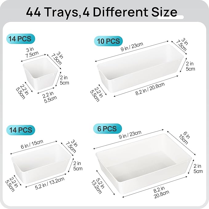 Vtopmart 44 PCS Plastic Drawer Organizers Set, 4-Size Versatile Bathroom and Vanity Organizer Trays, Non-Slip Storage Containers for Makeup, Jewelries, Bedroom，Kitchen Utensils and Office, White