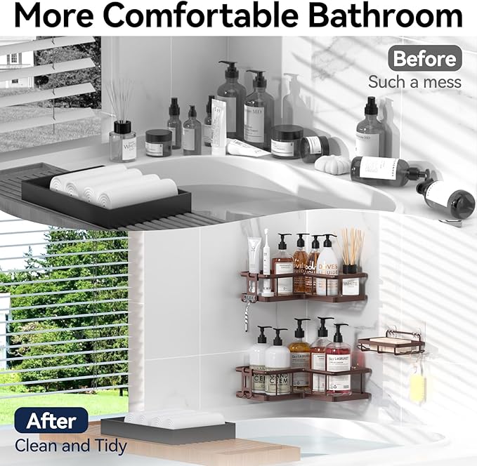 YASONIC Shower Caddy Corner, 3-Pack Adhesive Rustproof Stainless Steel Shower Shelves with Soap Holder, No Drilling Shower Organizer Corner for Dorm, Renters Bathroom, Bronze