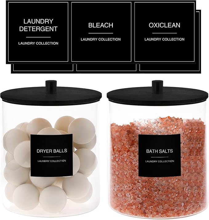 TIPGO Glass Jars for Laundry Room Organization, Laundry Pods Container with 27 Labels, Detergent Holder with Bamboo Lid, Cute Storage Jars, Black (Set of 2)