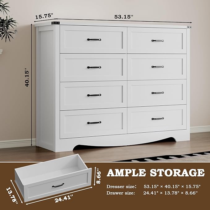 8-Drawer Dresser for Bedroom, Modern Wooden Chest of Drawers with Metal Handles, Anti-Tipping Design, Sturdy and Stable Storage Organizer for Living Room, Entryway, Home Office