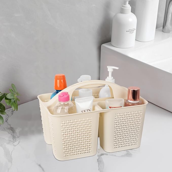 UUJOLY Plastic Portable Shower Caddy Basket Bucket, Cleaning Shower Basket with Handle Compartments Storage Basket Organizer for Bathroom Kitchen College Dorm Sink, Beige