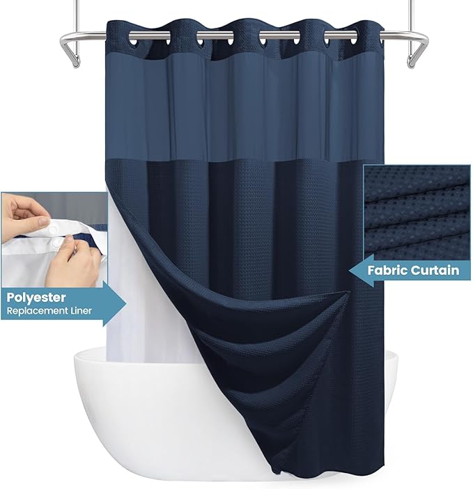 Navy Blue Long No Hook Shower Curtain with Snap in Liner,230GSM Waffle Weave Shower Curtains for Bathroom,71W x 86H