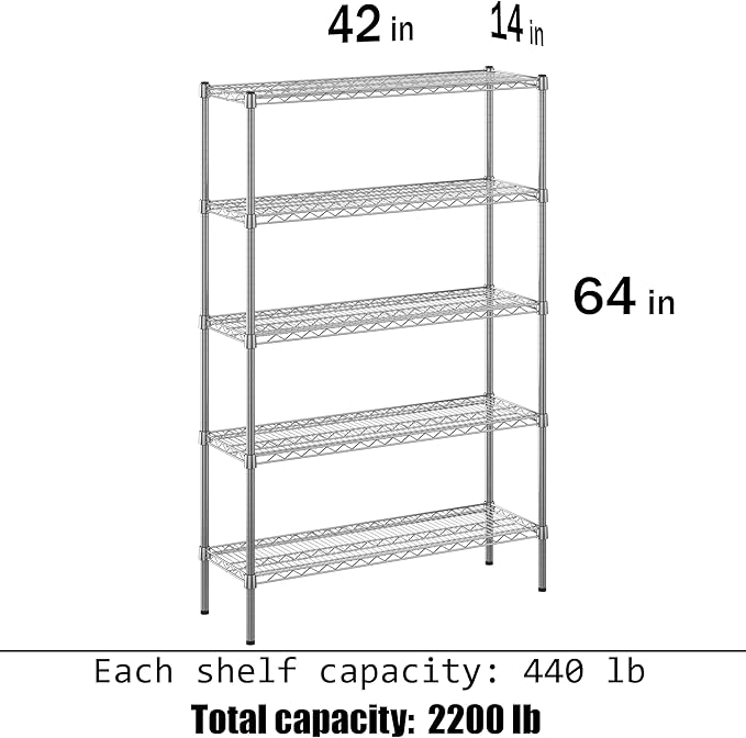 14" Deep x 42" Wide x 64" Height Wire Shelving Kit | 5-Tier | NSF Commercial Storage Rack Unit