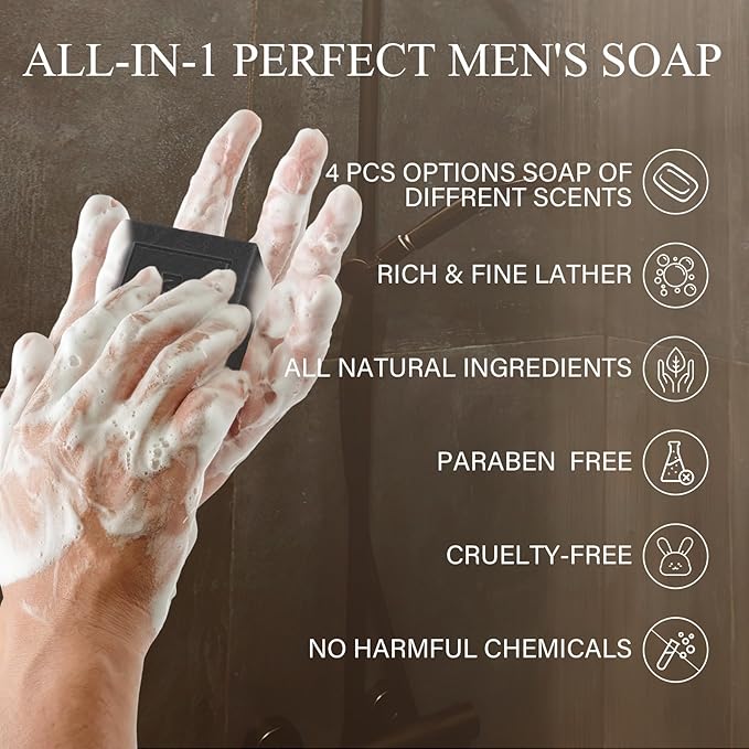 SHVYOG Mens Soap, 4 Pack Mens Bar Soap, Gift for Men Natural Cold Pressed Handmade Exfoliating Soap, Deep Cleansing, Moisturizing Bar Soap, Sandalwood Amber, Mint, Charcoal, Turmeric - 150G*4