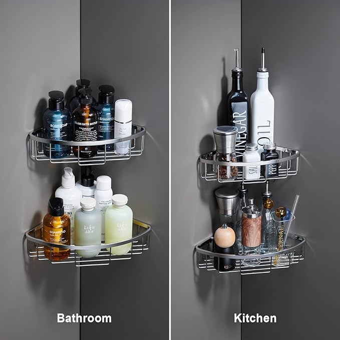 Corner Shower Caddy Organizer, SUS304 Stainless Steel Heavy Duty Rust-Proof Shelf Shampoo Holder, Wall Mounted Storage Rack for Bathroom Kitchen, 2 Packs Polished Chrome