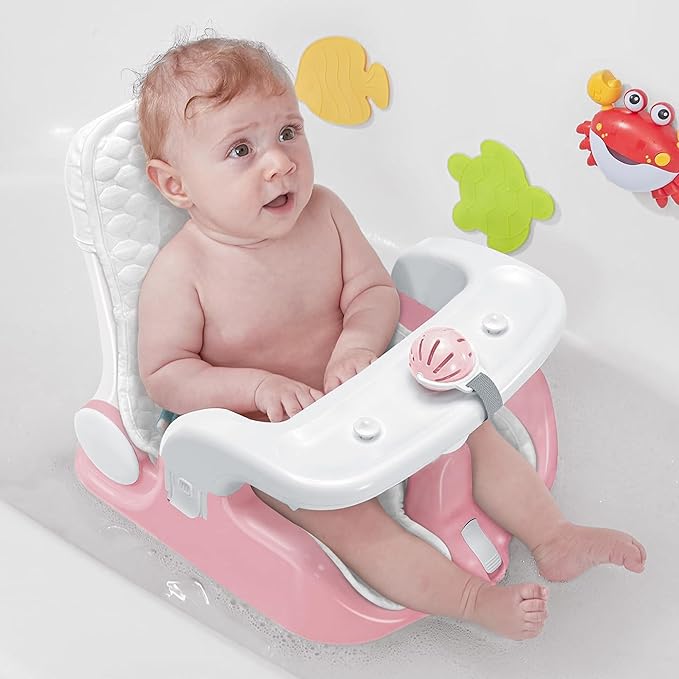 BabyBond Baby Bath Seat with Sitting & Lying 2 Modes, 3-Speed Adjustment, Powerful Suction Cups, Infant Bathtub Chair with Soft and Comfortable Towel, Folding and Hanging