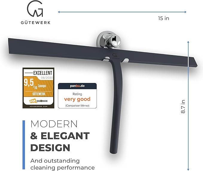 GÜTEWERK Shower Squeegee for Glass Doors, Silicone Window Squeegee, Bathroom and Glass Cleaning - Black - 15 Inch
