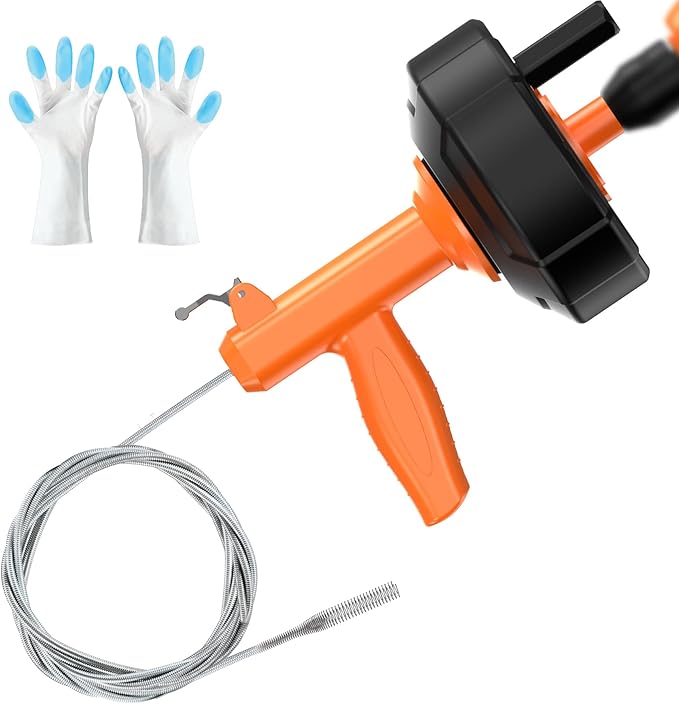 Drain Snake, Drain Auger with Drill Attachment, 25 Feet Plumbing Snake Auto Feed Flexible Hair Drain Clog Remover for Kitchen, Bathrom and Shower Sink with Gloves