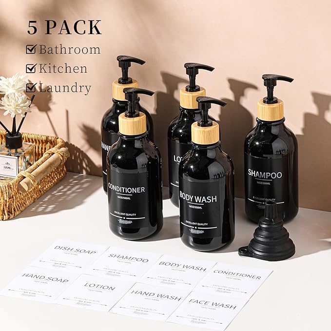 Shampoo and Conditioner Dispenser Bottles,5Pack Dispenser Bottles Refillable,16.9oz Shower Containers for Conditioner,(Black) Bathroom Shampoo Dispenser Set