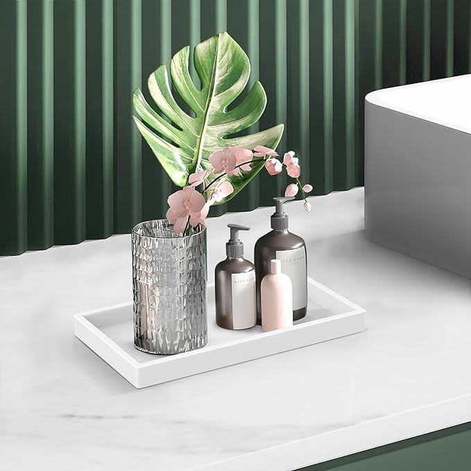 EG-SIPRO Silicone Bathroom Tray, Thickened Shatterproof Rectangle Vanity Tray for Counter, Soap Dispenser Tray - Small 7.8 * 3.9 in - White Marble Pattern