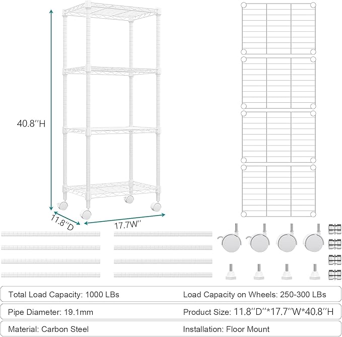 1000 lbs 4-Shelf Adjustable Heavy Duty Steel Wire Rack, Adjustable Storage Shelving Unit with Wheel for Kitchen, Garage, Laundry White 11.8" D x 17.7" W x 40.8" H