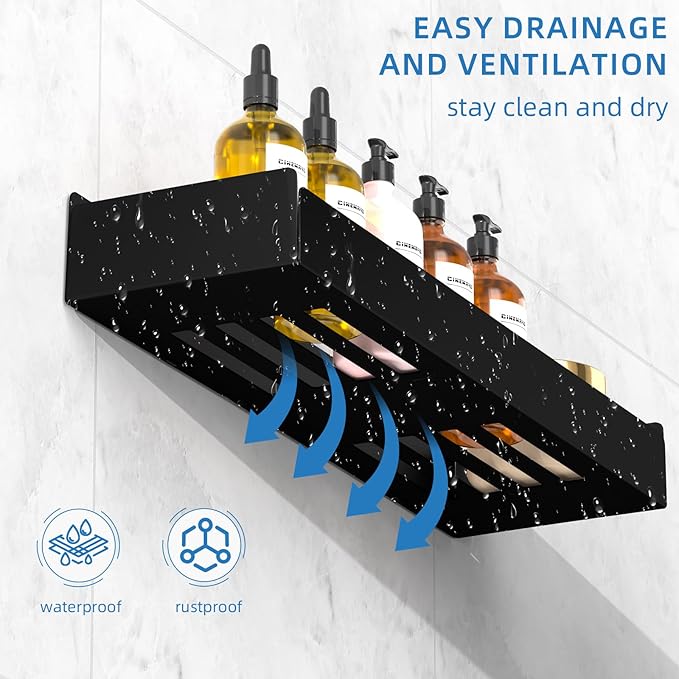Shower Caddy Black,40cm Adhesive Shower Shelve with Large Capacity, Quick-Dry Metal Bathroom Shelves with 8 Hooks, 2 Pack Drill-Free Rustproof Durable Shower Organizers Rack
