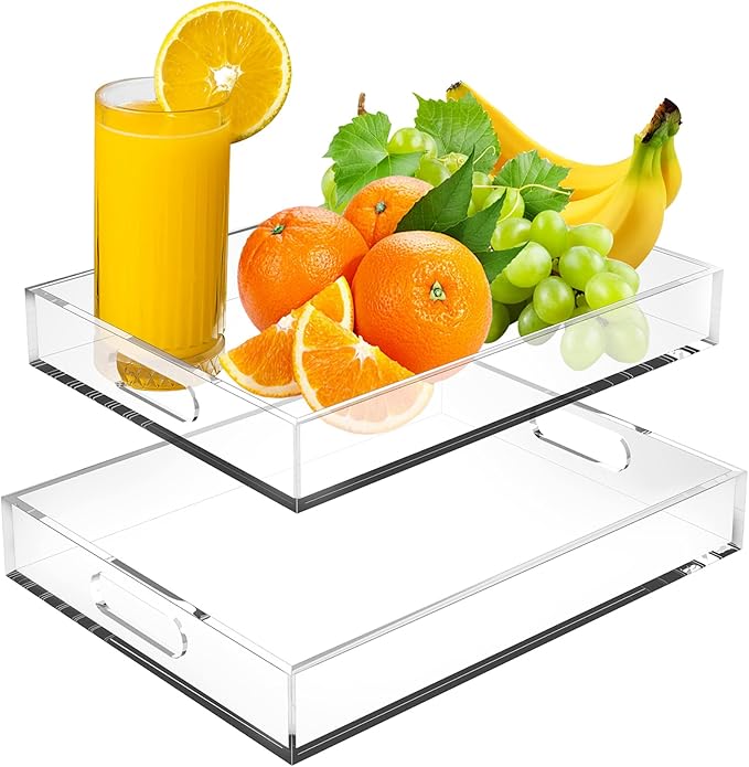Acrylic Serving Tray Set of 2-16x12 & 15.4x11.9 Inch Clear Luxury Trays for Kitchen, Dining, Bathroom Organizer - Non-Slip, Scratch-Resistant, Spill-Proof Design - Ideal Gift for Housewarming, Parties
