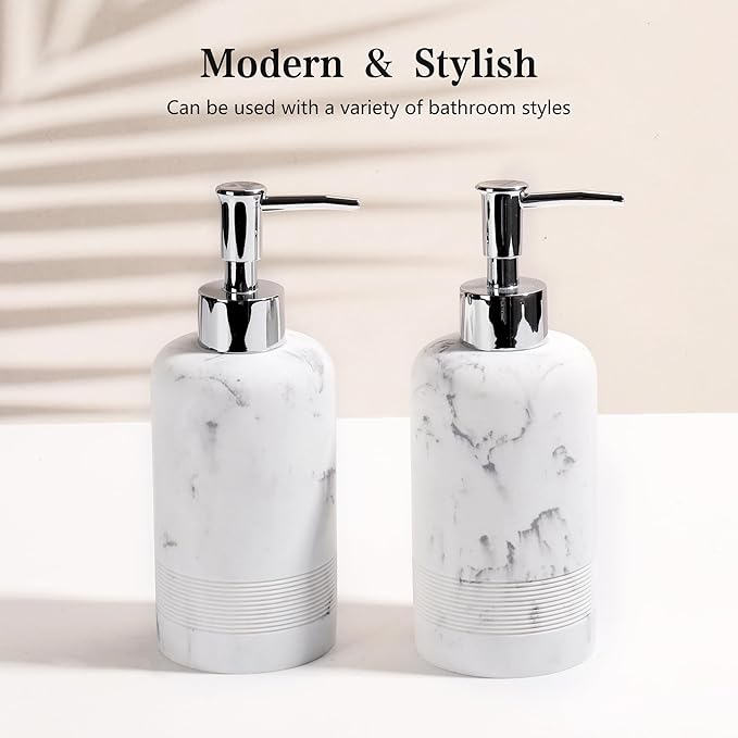 2pcs/Set Hand Soap Dispenser Sets - 10.8oz Refillable Resin Liquid Soap Dispensers with Rust-Proof Pump for Bathroom Countertop or Kitchen, Marble White