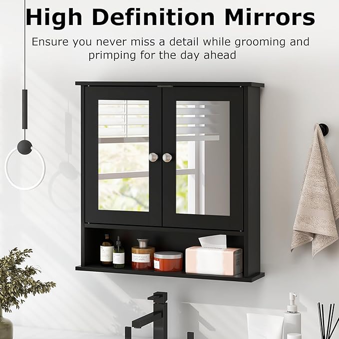 Tangkula Bathroom Medicine Cabinet with Mirror, Wall Mounted Wooden Hanging Organizer with Doors and Shelves, Bathroom Wall Mirror Cabinet (Mirror Doors, Black)