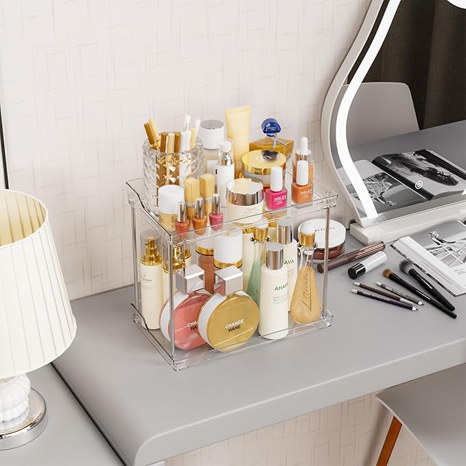 Yieach 2 Tier Bathroom Counter Organizer,Tiered Bathroom Organizer for Makeup,Perfume,Beauty Products,Skincare Organizers Shelf,Vanity Storage Tray for Bedroom,Spice Racks for Kitchen Corner,Rectangle