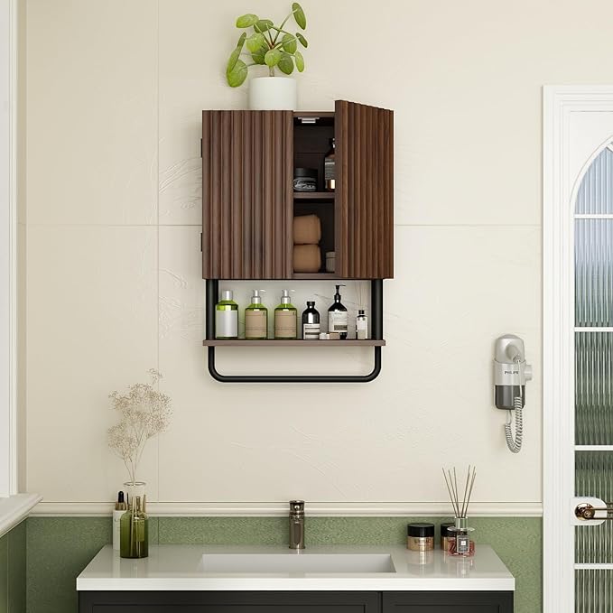 RUSTOWN Farmhouse Bathroom Wall Cabinet with 2 Door, 3-Tier Curved Profile Wooden Medicine Cabinet, Wall Mounted Storage Cabinet with Adjustable Shelf and Towel Bar (Dark Walnut, Small)