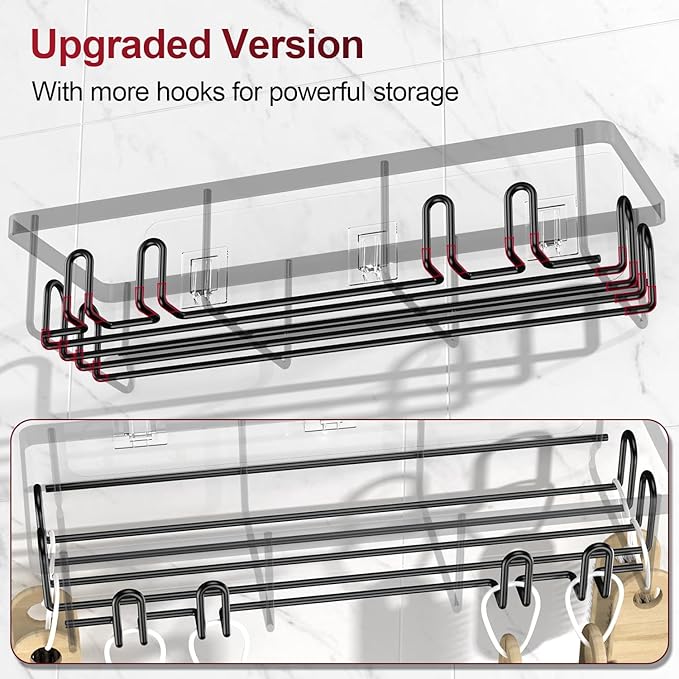 Adhesive Shower Caddy, Shower Shelves with 16 Hooks, Rustproof Shelf Wall Corner Racks for Inside Bath, No Drilling & Sleek Bathroom Organizers and Storage Caddies Soap Holder, 2 Pack
