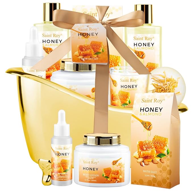 Christmas Gifts for Women Bath & Body Gift Set, Luxury Home Spa Bath Gift Basket, Honey Almond Scented Bath Set, Pamper Gifts Birthday gifts & Teens, Spa Kit Gift, Home Spa Gifts for Men Dad