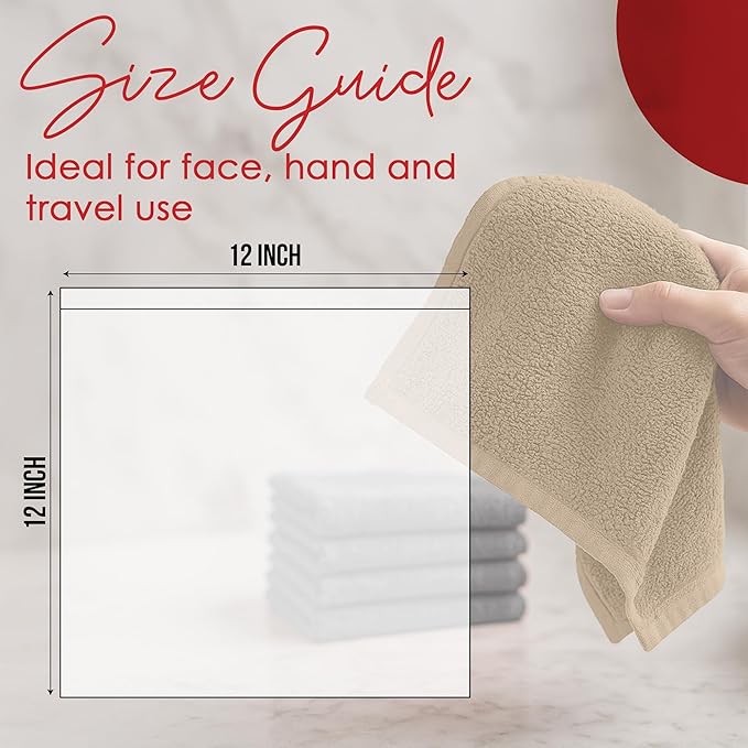 RIVERSIDE 12 Pack Washcloths - 12x12 Inches, 400 GSM, 100% Ring-Spun Cotton - Soft, Absorbent & Durable Face and Body Towels - for Bathroom, Spa, Gym, Makeup Removal & Everyday Use - Tan