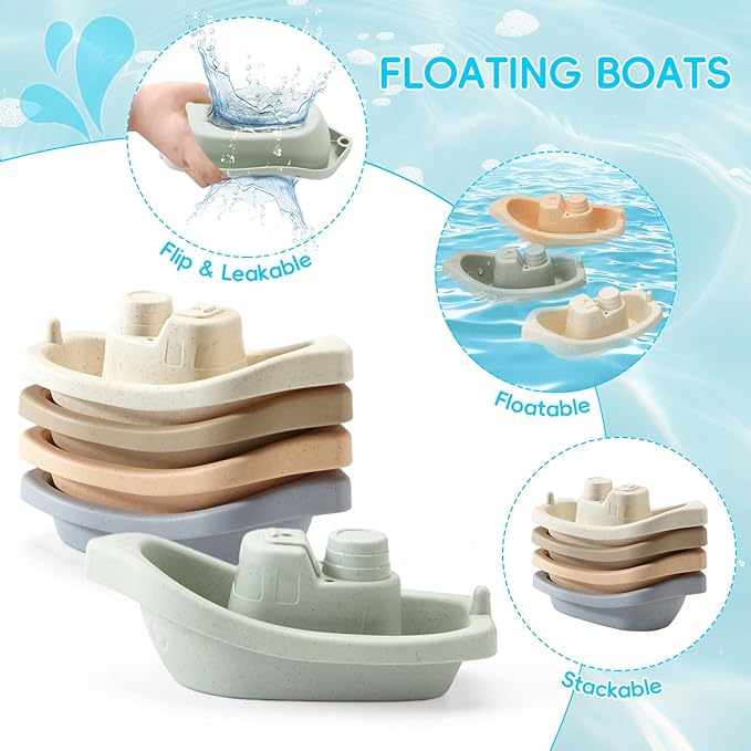Baby Bath Toys for Kids Ages 1-3, 15 PCS Mold Free Bath Toys for Toddlers 2-4 Bathtub Water Table Pool Toys, Silicone Bath Toy and Bath Boats Spoons, Christmas Stocking Stuffers for Babies & Toddlers
