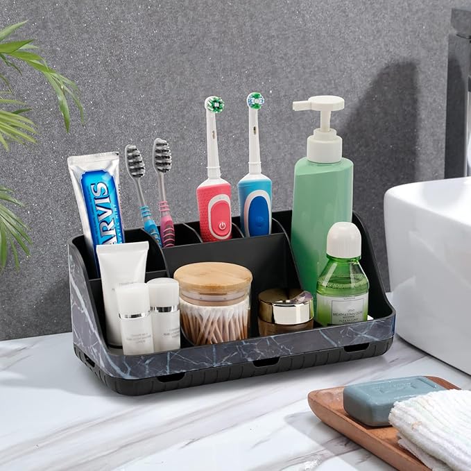 Marble Black Toothbrush Holders for Bathrooms - Detachable 7 Slots Bathroom Organizer Countertop Matte Black Electric Toothbrush and Toothpaste Holder for Bathroom Counter Vanity Sink Storage