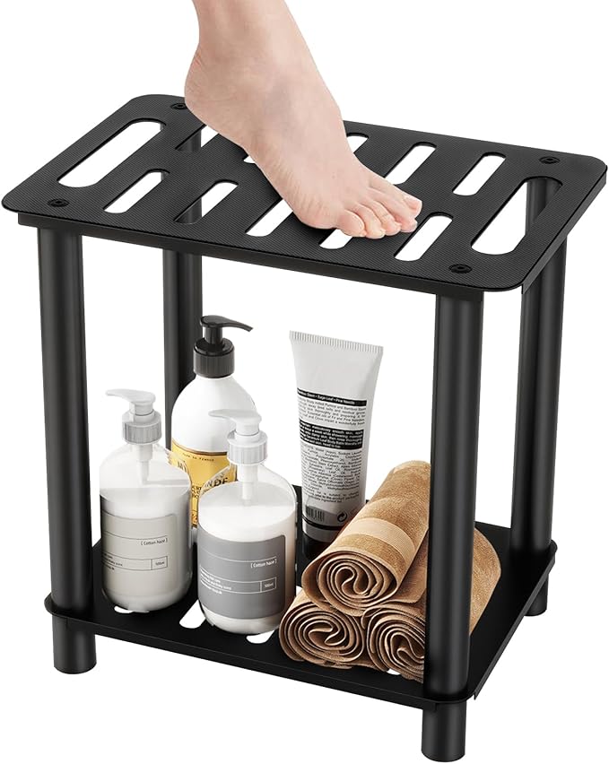 Shower Stool for Inside Shower, Shower Bench Stool with Storage Shelf, Stainless Steel Shower Stool for Shaving Legs, Waterproof Shower Foot Rest, Bathroom Shower Bench Seat Shower Chair