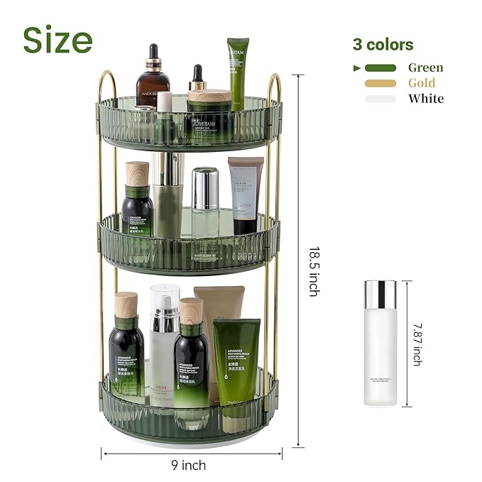 Rotating Makeup Organizer for Vanity, Perfume Skin Care Organizers Large, Bathroom Counter Make Up Cosmetic Storage, Clear Spinning Skincare Lipstick Holder,3 Tiers, Green