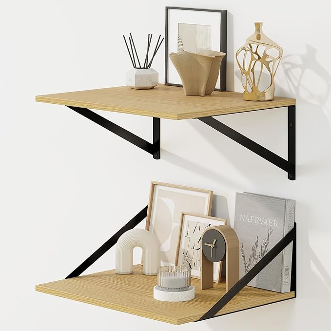 Fun Memories Floating Shelves for Wall, 12 Inch Deep Floating Shelves Set of 2, 16W x 12D Large Wall Shelf with Sturdy Metal Brackets for Living Room, Bathroom, Bedroom and Kitchen, Oak