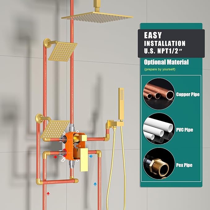 Enga 10 Inch + Dual 6-Inch Rain Shower System, Four Modes Diverter Shower Faucet with Handheld, Luxury Rain Mixer Shower Combo Set, Brushed Gold