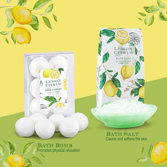 Bath Gift Set, Lemon Citrus Spa Gift Basket for Women, Includes Shower Gel, Bubble Bath, Body Lotion, Bath Frizzes 8 Pcs, Great Gift Idea for Her Birthday