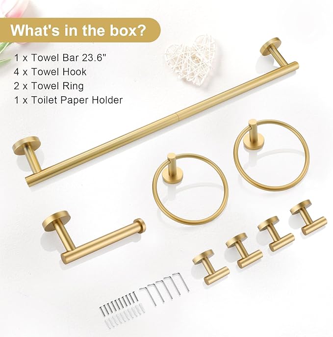 TQKAG 8-Pieces Bathroom Hardware Set Brushed Gold SUS304 Stainless Steel Bath Towel Bar Set 23.6 Inch Round Bathroom Accessories Kit Wall Mounted