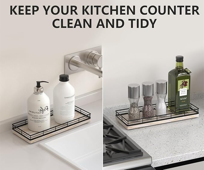 Bathroom Tray for Counter Top Organizer – Ash Wood Vanity Tray with Metal Frame for Dresser, Kitchen, Nightstand – Black & Whitewashed Decorative Storage