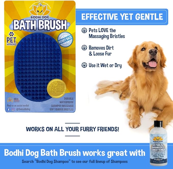 Bodhi Dog Stainless Steel Comb & Shampoo Brush - Bath & Shower Supplies for Dogs & Cats - Removes Shedding, Mats & Tangles - Pet Grooming Scrubber Bundle (Blue)