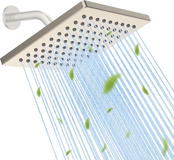 Hibbent Thickness Metal Rain Shower Head, 6'' High Pressure Rainfall Shower Head, Square Bathroom Waterfall Shower Heads, High Flow Fixed Showerheads with Adjustable Brass Ball Joint, Brushed Nickel