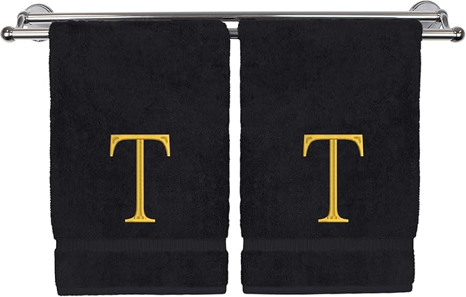 Monogrammed Hand Towel, Personalized Initial Gift, Extra Absorbent 100% Turkish Cotton - Soft Terry Finish - Set of 2 - Gold Block Initial T - Embroidered on Black Towels