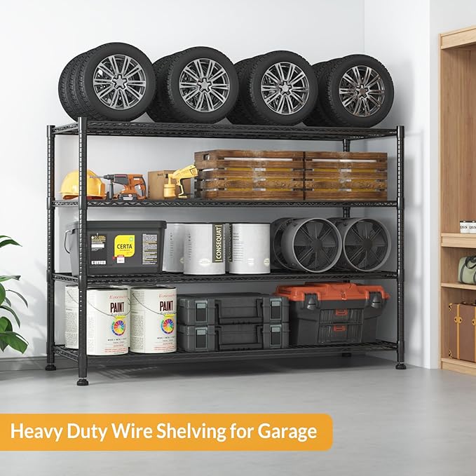 Himimi Storage Shelves with Wheels, 4-Tier Heavy Duty Steel Wire Rack Storage Shelving, Adjustable Metal Storage Shelves for Garage Kitchen Pantry Bathroom Laundry 18" D*60" W*72" H, Black