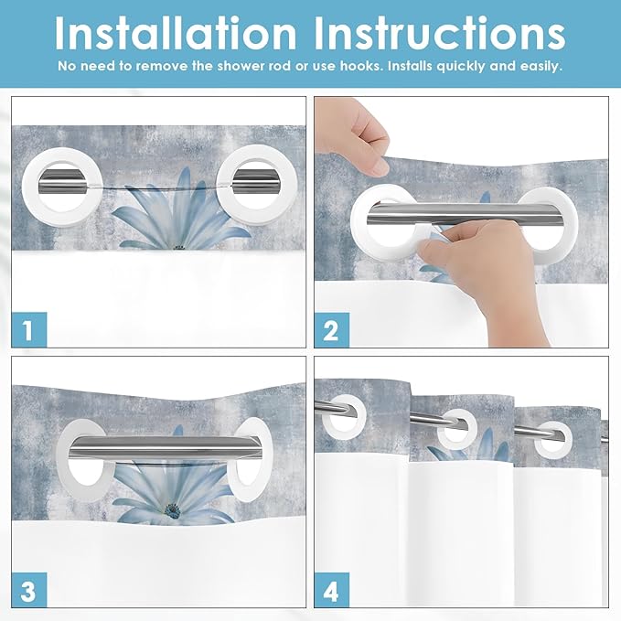 No Hook Rustic Farmhouse Shower Curtain with Snap in Fabric Liner Set, Blue Daisy Flowers and Butterfly on Country Wooden Double Layers Waterproof with See Through Top Bath Curtain 71x74 Inch