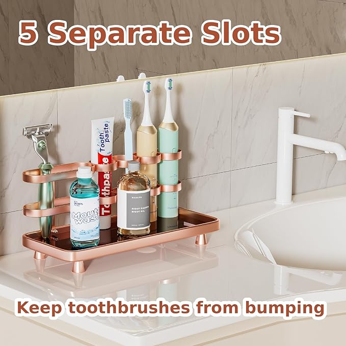 Electric Toothbrush Holder for Bathroom Countertop 5 Metal Slots Toothpaste Razor Mouthwash Organizer, Rose Gold